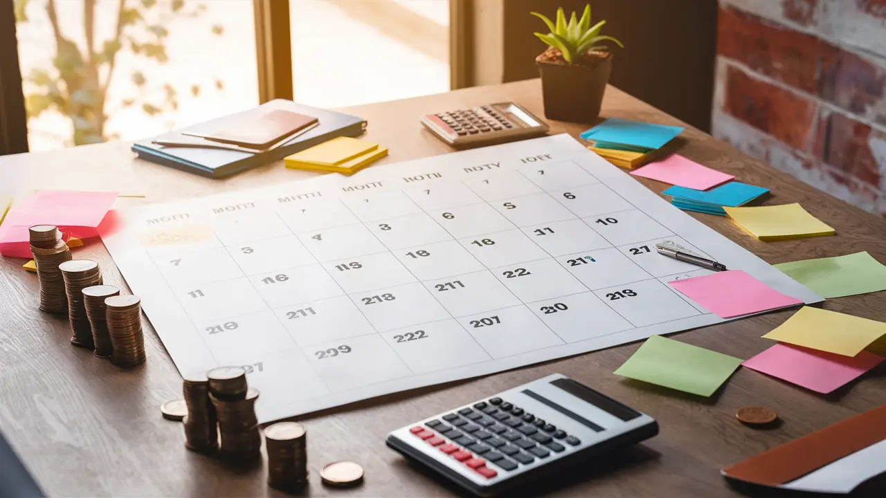 Mesa com calendário mensal, notas coloridas, calculadora, pilhas de moedas e planta em vaso pequeno.