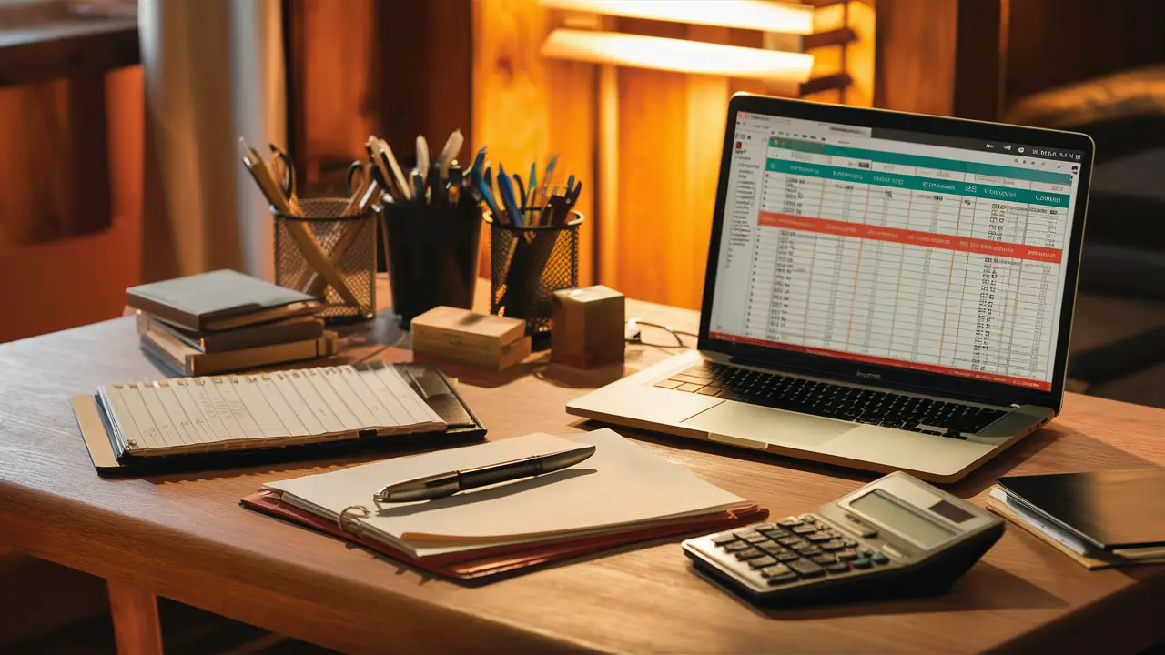 Mesa de madeira com laptop mostrando planilha e calculadora organizados em escritório iluminado.