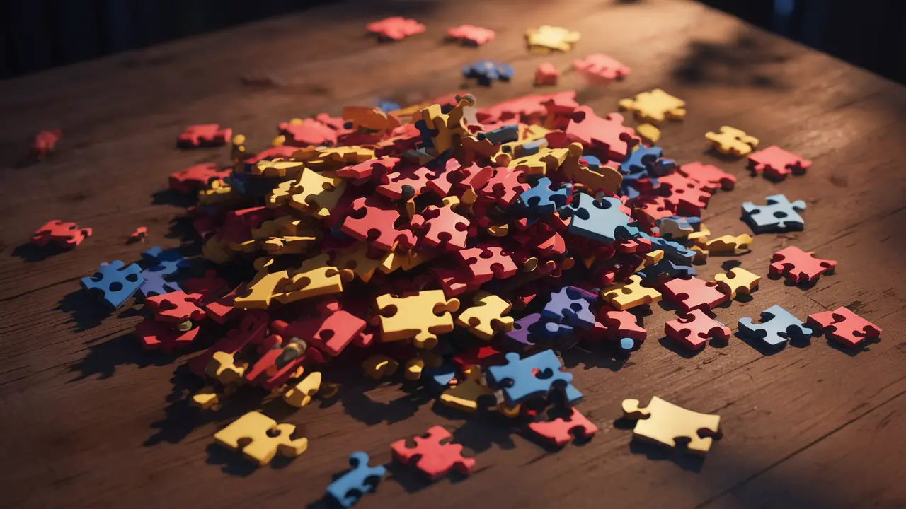 Mesa de madeira com peças de quebra-cabeça coloridas e complexas, algumas ausentes.