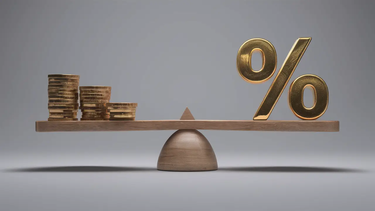 Balança com pilhas de moedas em um lado e símbolo de porcentagem dourado no outro.