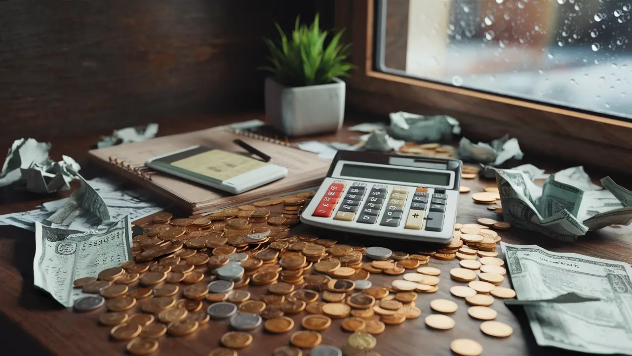 Moedas espalhadas, calculadora e contas amarrotadas em uma mesa de madeira com planta e janela mostrando dia chuvoso.