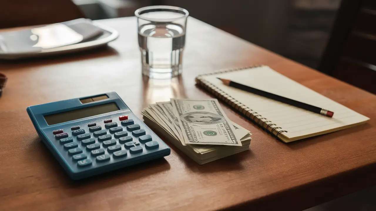 Calculadora azul e notas de dólar sobre mesa de madeira, com bloco de notas e lápis ao lado.