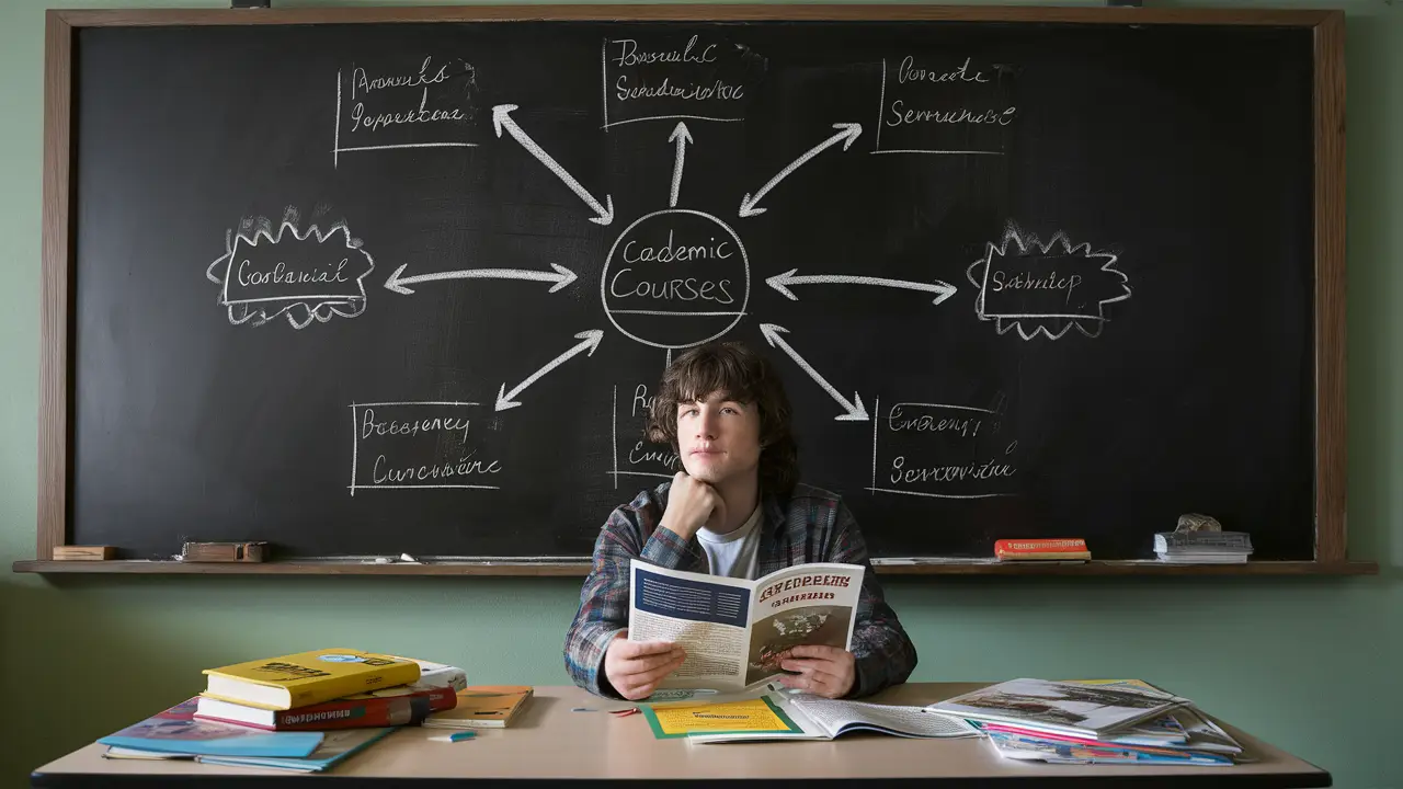 Estudante em uma sala de aula analisando um diagrama de cursos no quadro negro, rodeado por livros e material colorido.