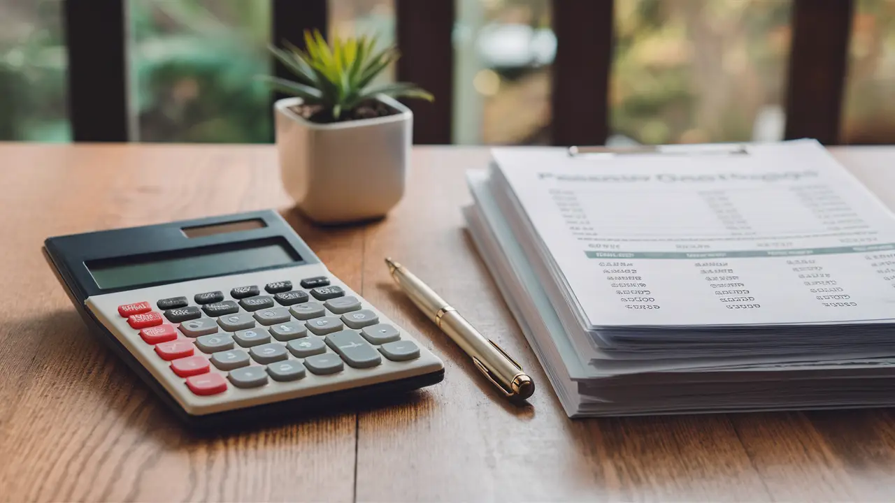 Calculadora e caneta ao lado de documentos financeiros em mesa de madeira, planta em vaso branco ao fundo.