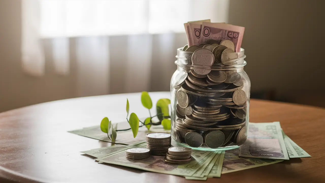 Pote de vidro com moedas e notas empilhadas sobre uma mesa de madeira ao lado de uma pequena planta verde.
