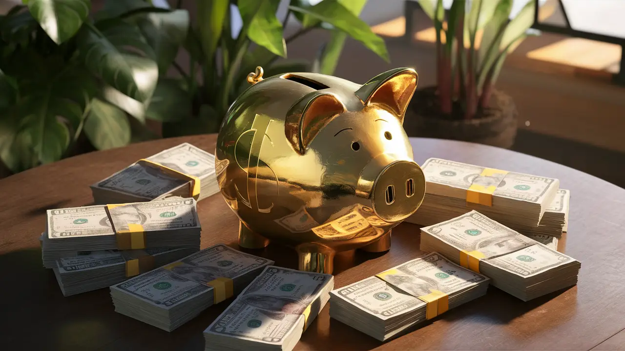 Pote de porquinho dourado com símbolo de dólar cercado por pilhas de moedas e plantas verdes em mesa de madeira.