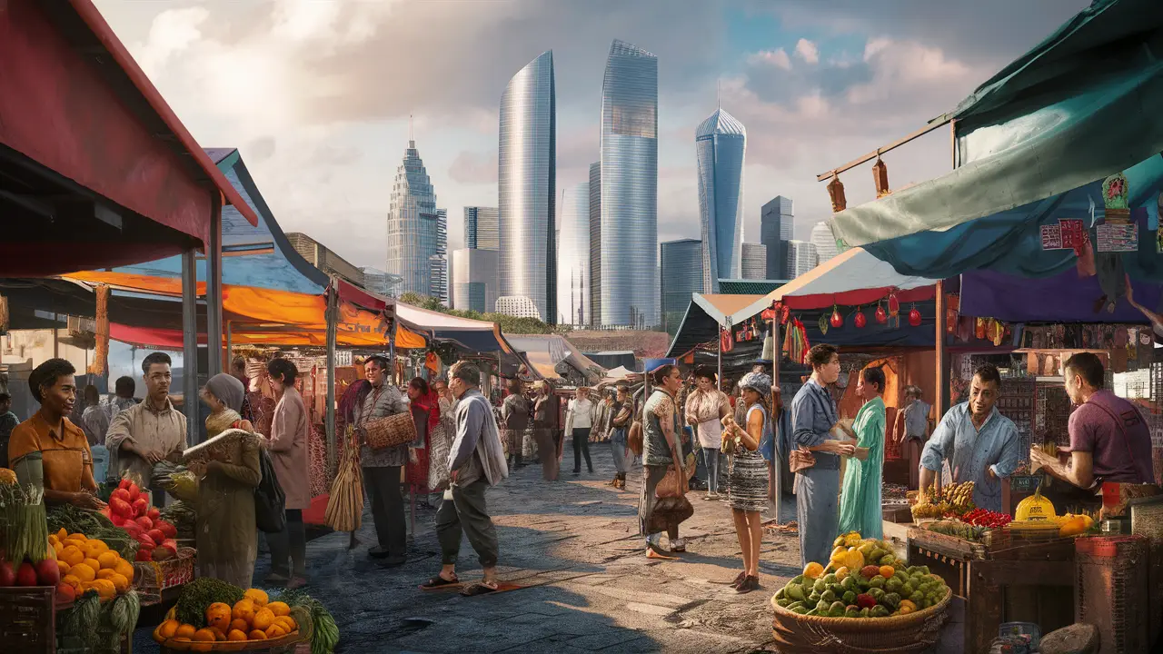Mercado movimentado com pessoas trocando mercadorias, bancas coloridas de frutas e arranha-céus ao fundo.
