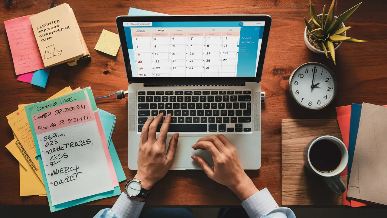 Computador com calendário, notas coloridas, relógio mostrando 8:00 e xícara de café em mesa de madeira.