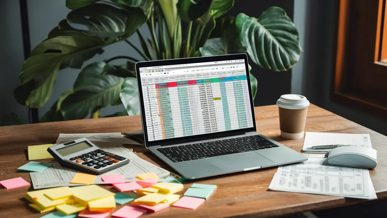 Notebook com planilha financeira, calculadora e notas adesivas coloridas em uma mesa de madeira.