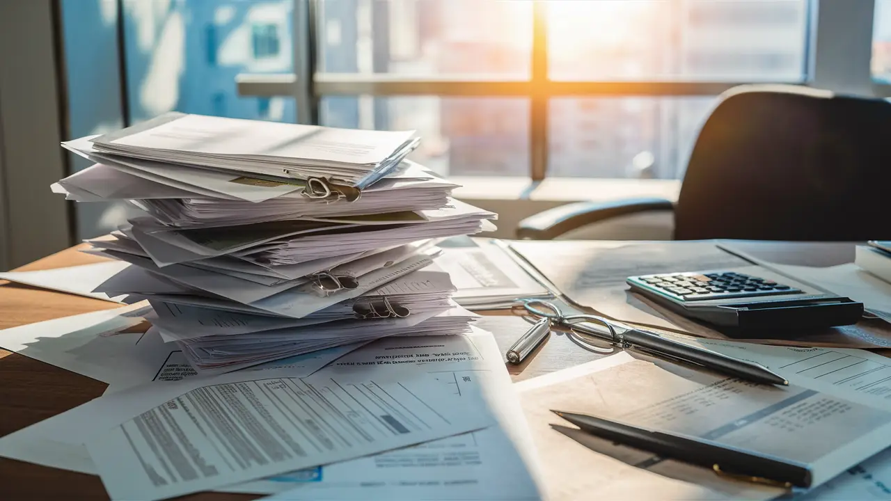 Documentos de financiamento e identificação espalhados em uma mesa de escritório de madeira iluminada pela luz do dia.