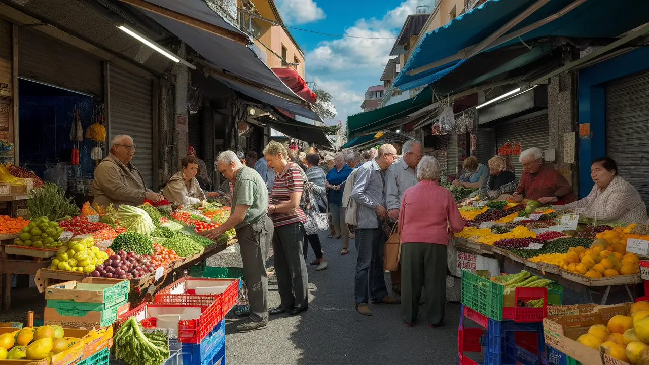 Mercado movimentado com barracas de frutas, legumes e essenciais domésticos, pessoas negociando sob céu azul.