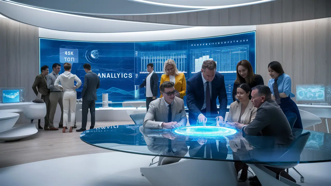 Profissionais colaboram em escritório futurista com tela digital e interfaces holográficas.