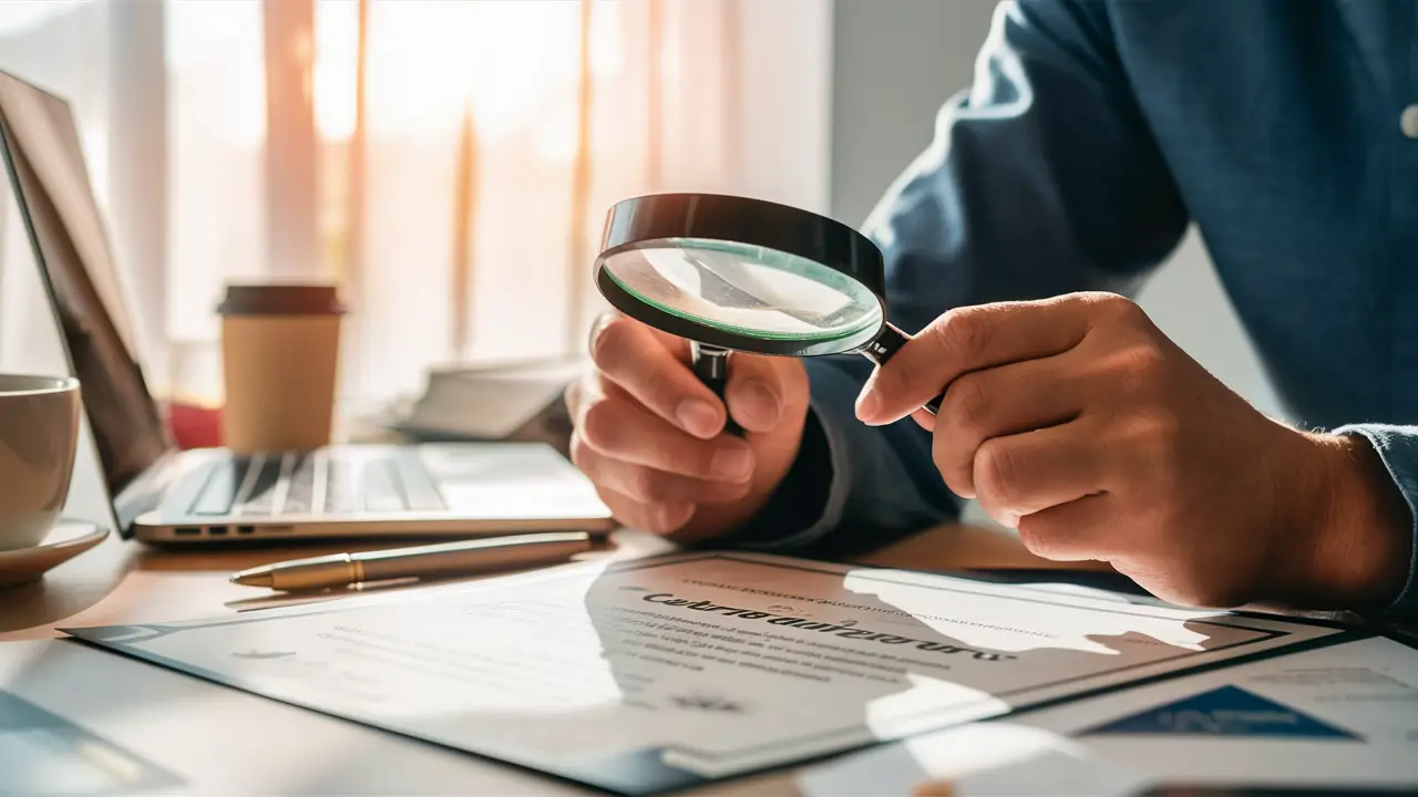 Pessoa examinando um certificado com lupa em uma mesa com laptop, xícara de café e caneta sob luz suave do sol.