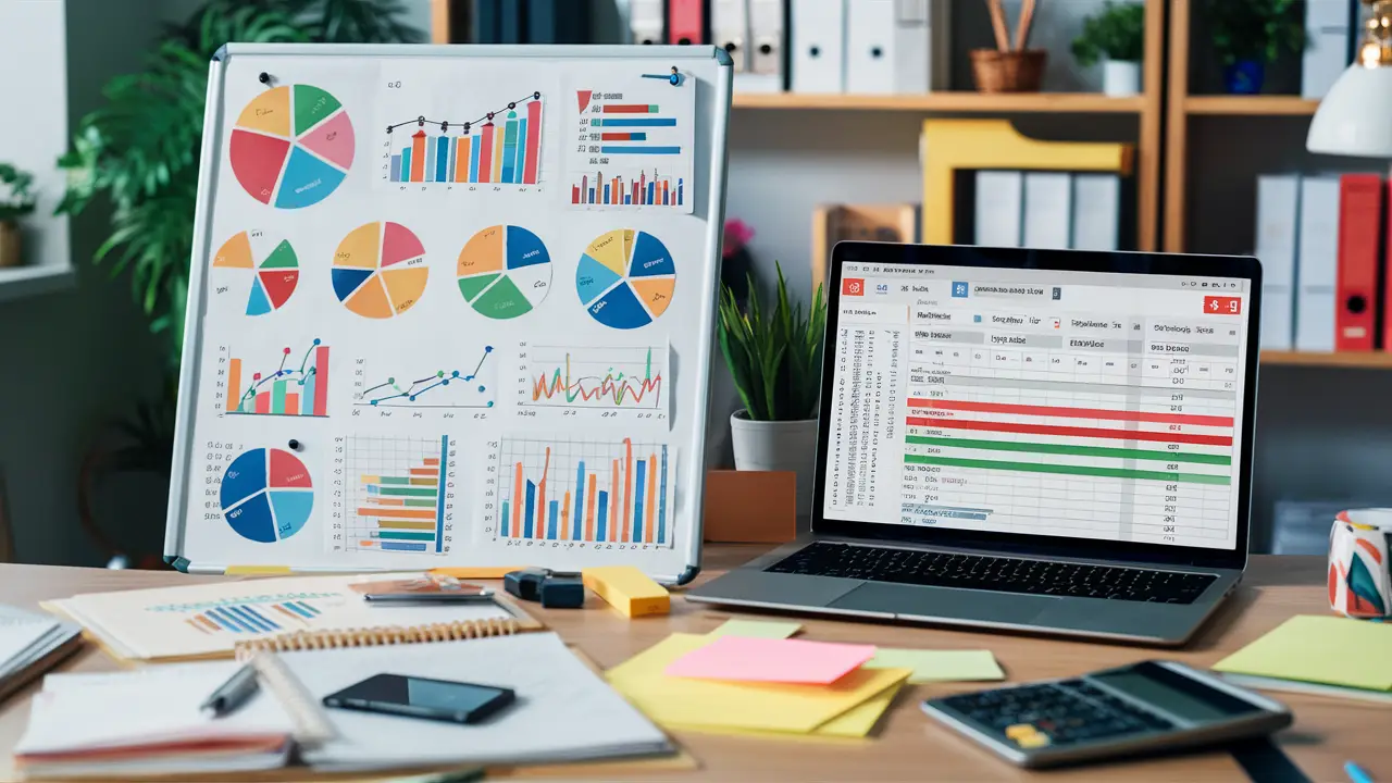 Quadro branco com gráficos coloridos e laptop com planilha de orçamento detalhada em um escritório doméstico.