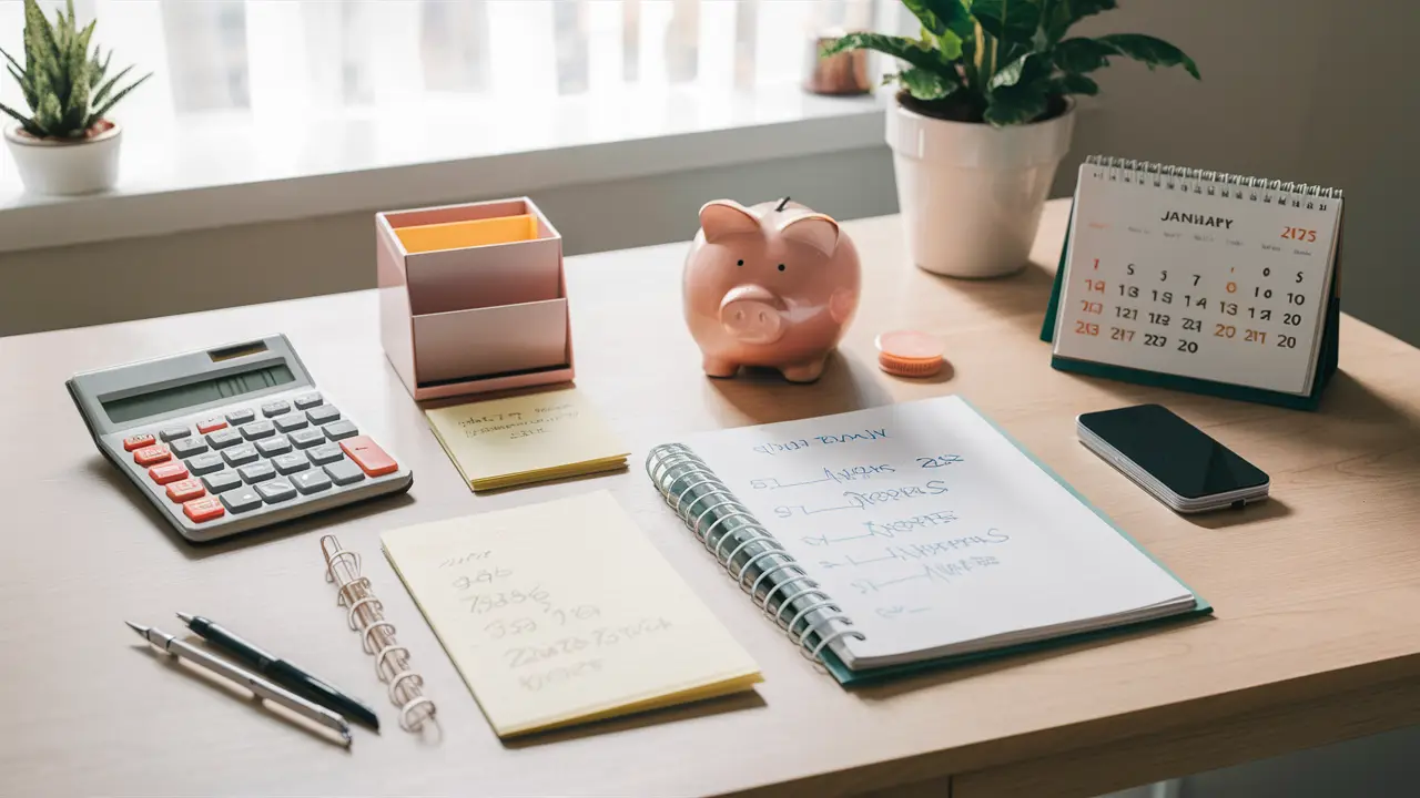 Uma mesa organizada com calculadora, bloco de notas com planos financeiros, cofre e calendário de janeiro de 2025.