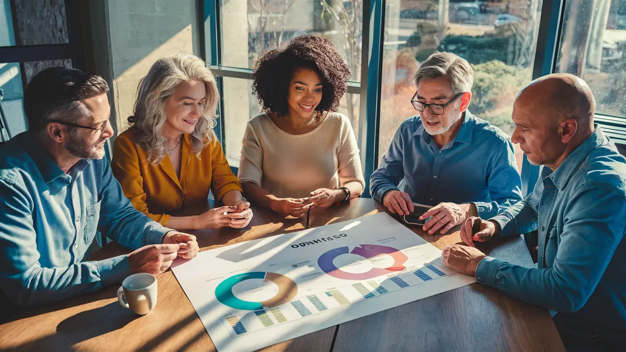Pessoas analisando um gráfico de opções de empréstimos em uma mesa de escritório iluminada pelo sol.