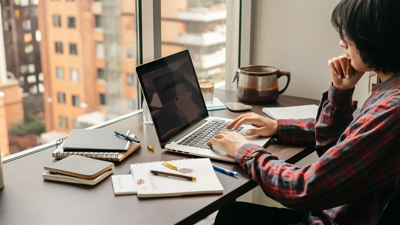 Jovem sentado em uma mesa com laptop, cadernos, canetas e café, com vista para a cidade pela janela.