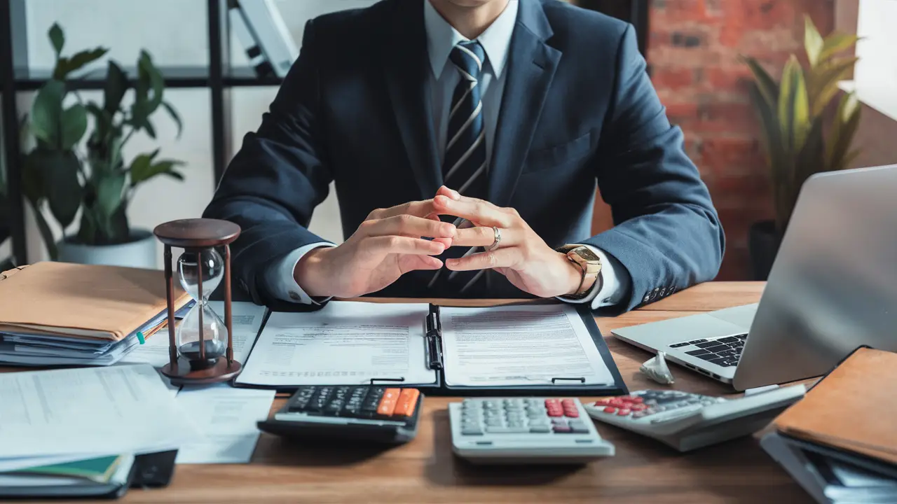 Consultor financeiro em escritório moderno com papéis, laptop e sinal de alerta vermelho.