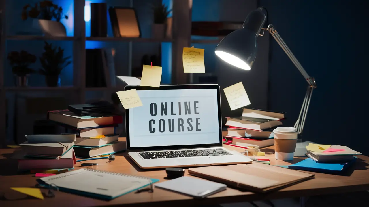 Um laptop exibindo um curso online em uma mesa desorganizada com livros, xícara de café e notas adesivas.