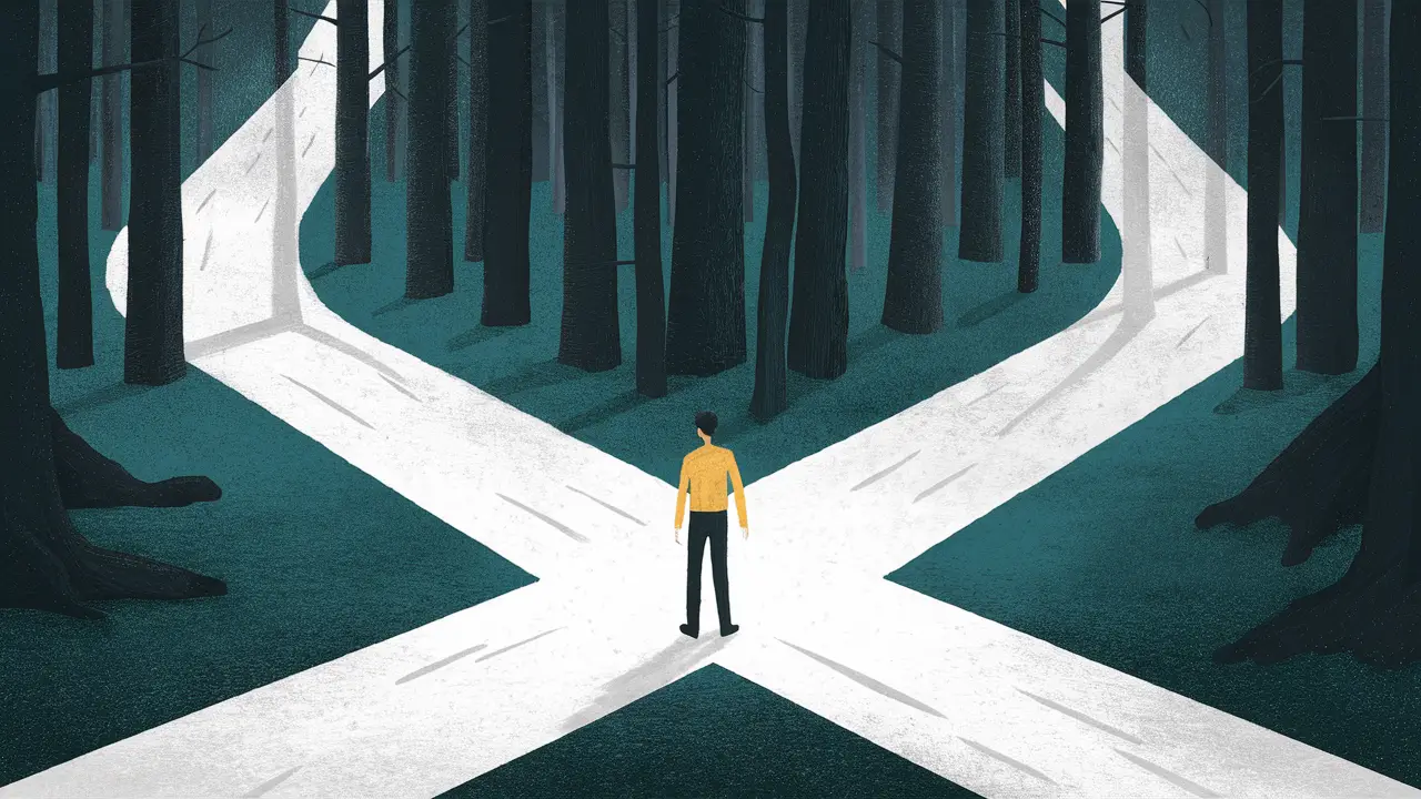 Homem em uma encruzilhada na floresta ao entardecer, com caminho claro à frente e sombrio atrás, cercado por árvores altas e escuras.