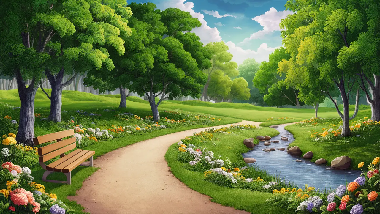 Parque sereno com caminho, flores coloridas, banco de madeira e riacho sob céu azul claro.