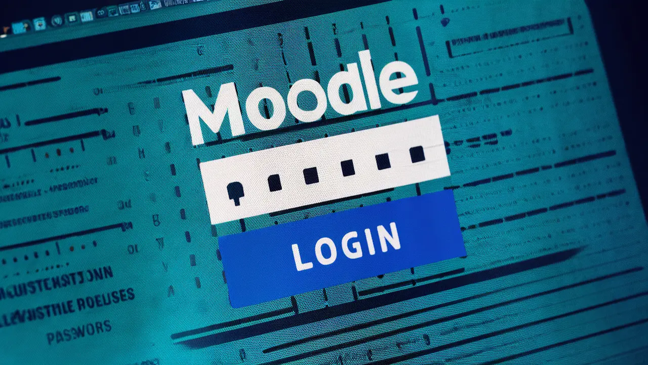 Tela de computador mostrando a página de login do Moodle com campos de usuário, senha e botão azul de login.