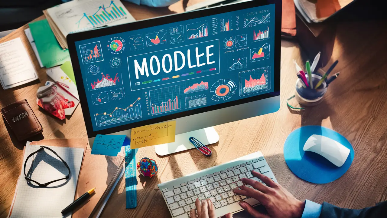 Tela de computador exibindo relatório detalhado do Moodle com gráficos coloridos em uma mesa de escritório.