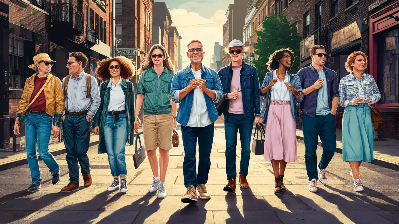 Pessoas diversas caminhando com confiança em uma rua da cidade em um dia ensolarado, cada uma com estilo único.