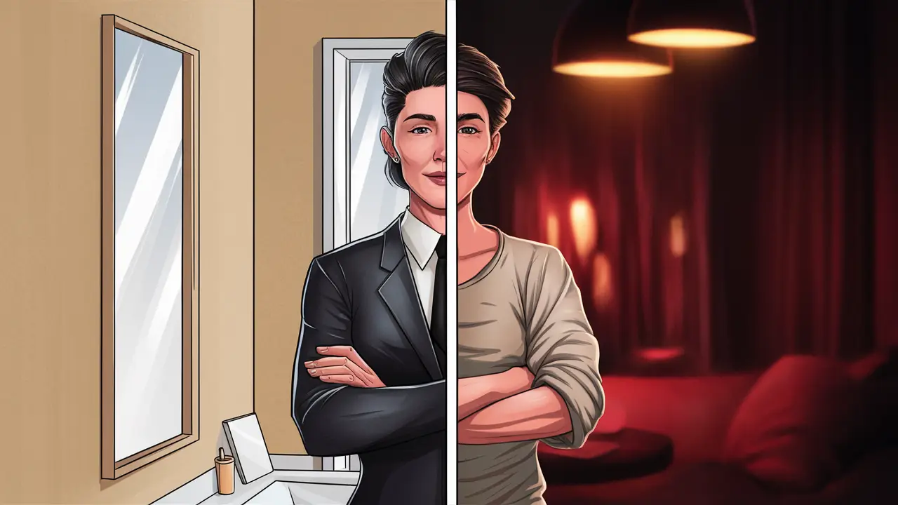 Pessoa dividida entre um lado confiante e bem-vestido e um lado casual e relaxado em ambiente intimista.