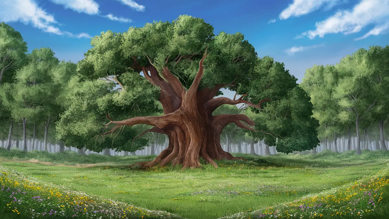 Clareira na floresta com carvalho antigo e flores silvestres sob céu azul com nuvens dispersas.