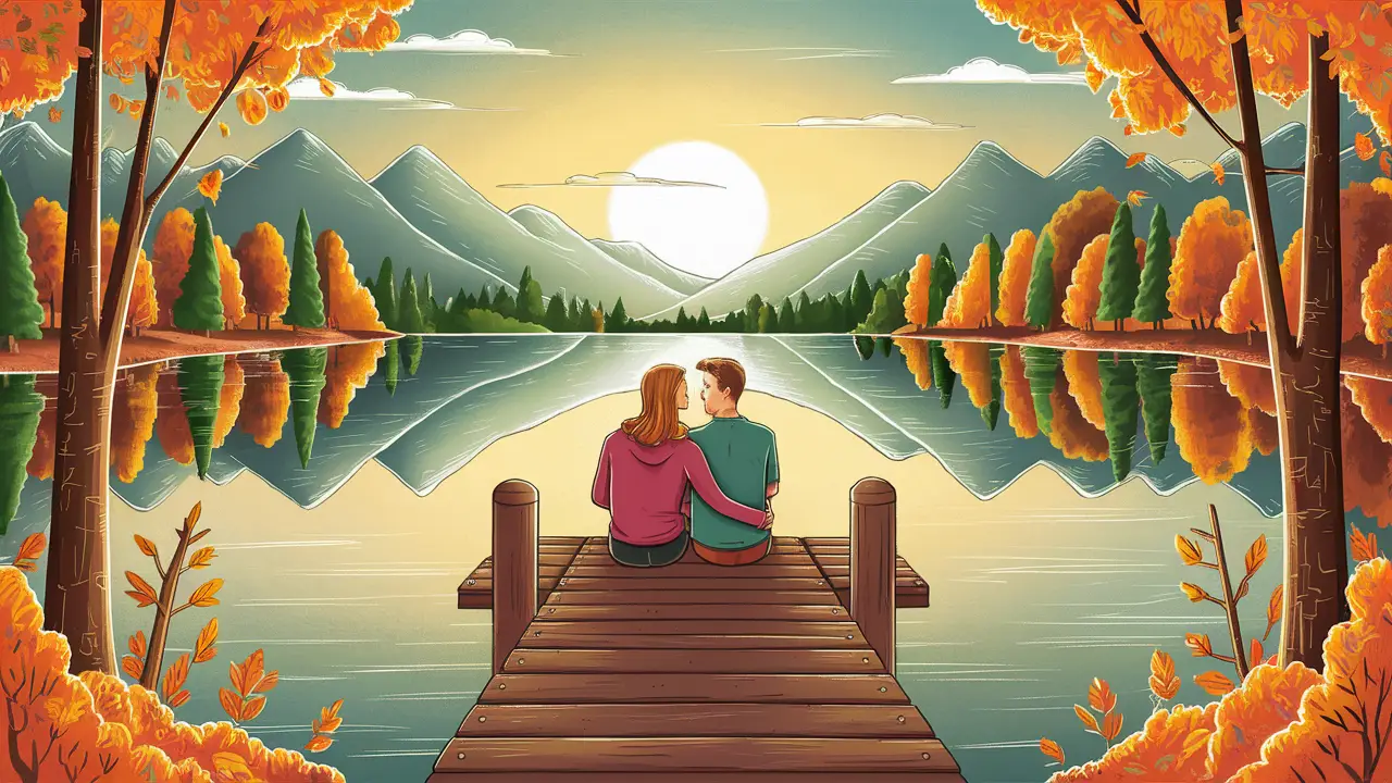 Lago tranquilo ao pôr do sol refletindo um casal em um cais de madeira, cercado por árvores de outono e montanhas.
