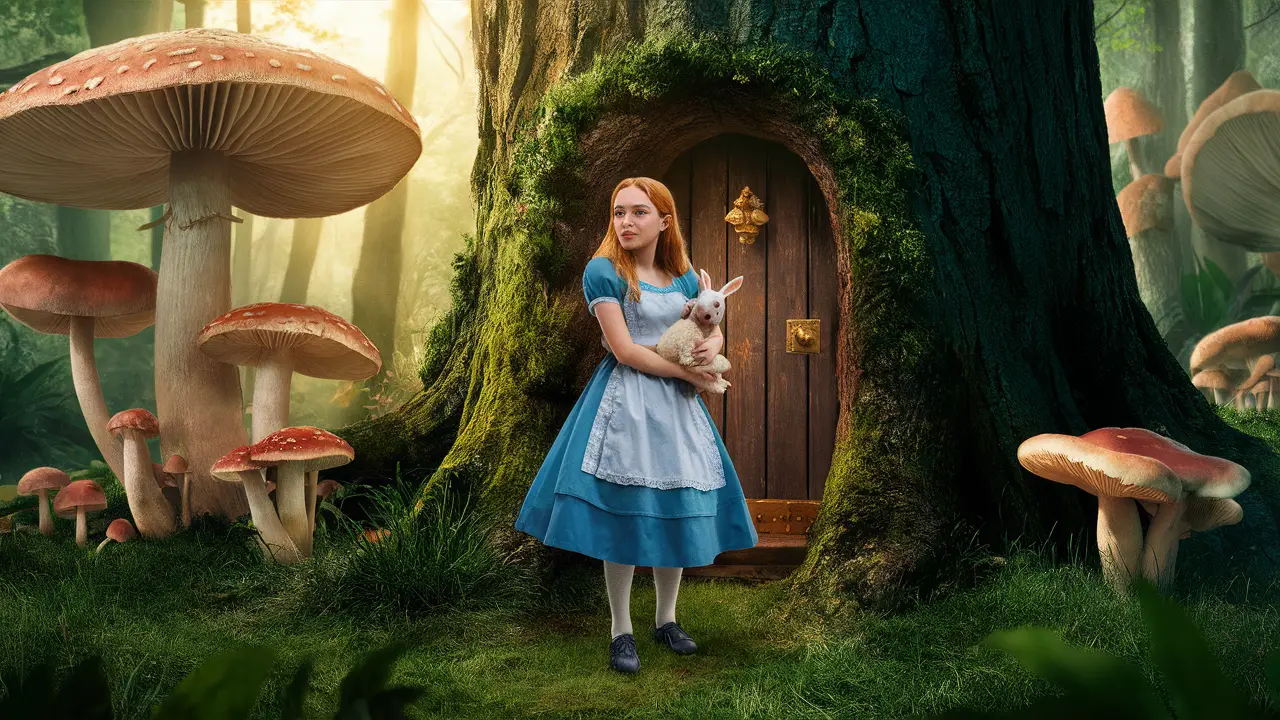 Alice em um vestido azul segura um coelho branco em uma floresta com cogumelos gigantes e uma porta pequena em uma árvore.