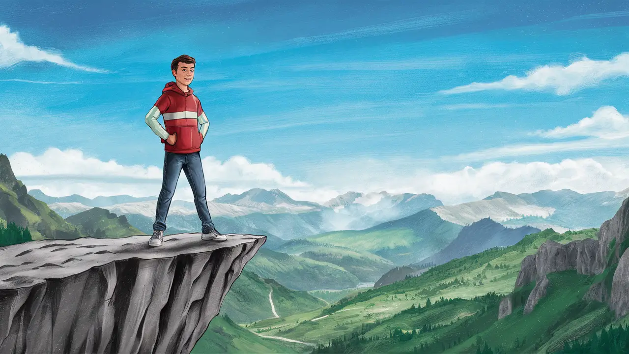 Jovem em pé à beira de um penhasco, com vista para vales verdes e montanhas distantes.