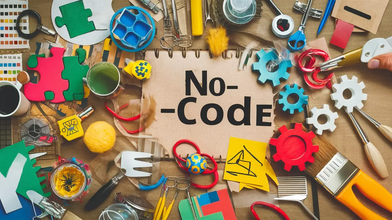 Ícones de ferramentas no-code, incluindo pincel, peça de quebra-cabeça e engrenagem, em cores vibrantes.