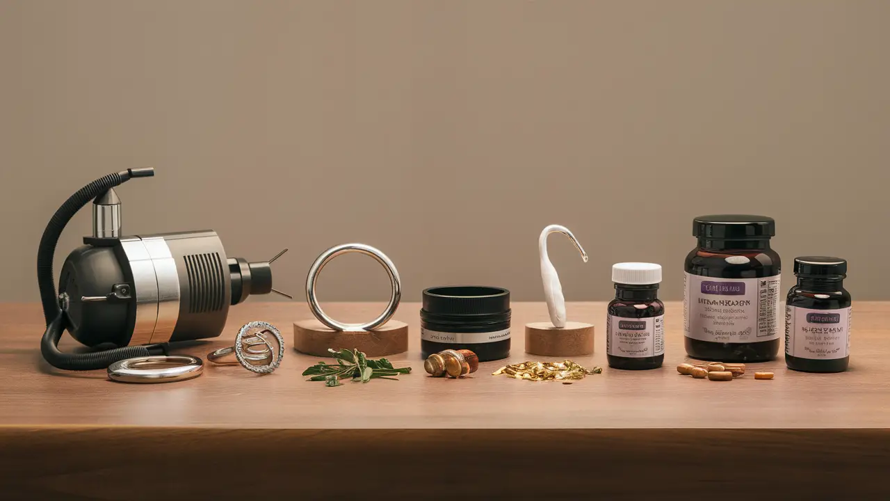 Dispositivos de melhoria masculina como bomba, anéis e suplementos em uma mesa de madeira.