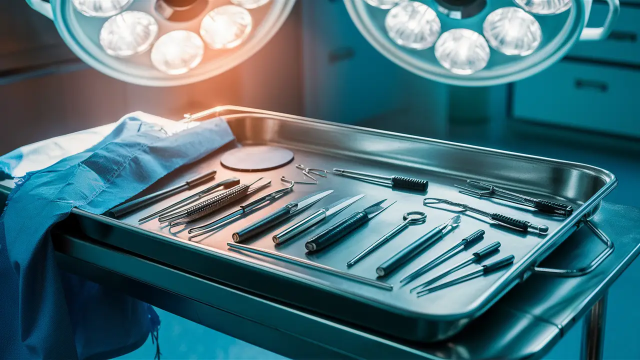 Instrumentos cirúrgicos em bandeja esterilizada sobre mesa de aço inoxidável com iluminação forte.