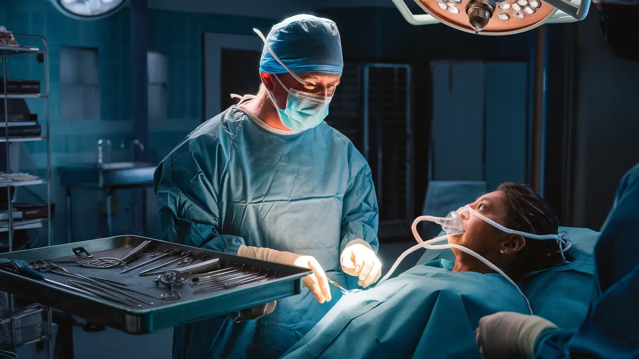 Sala de cirurgia com cirurgião, instrumentos médicos e paciente deitado na mesa de operação.
