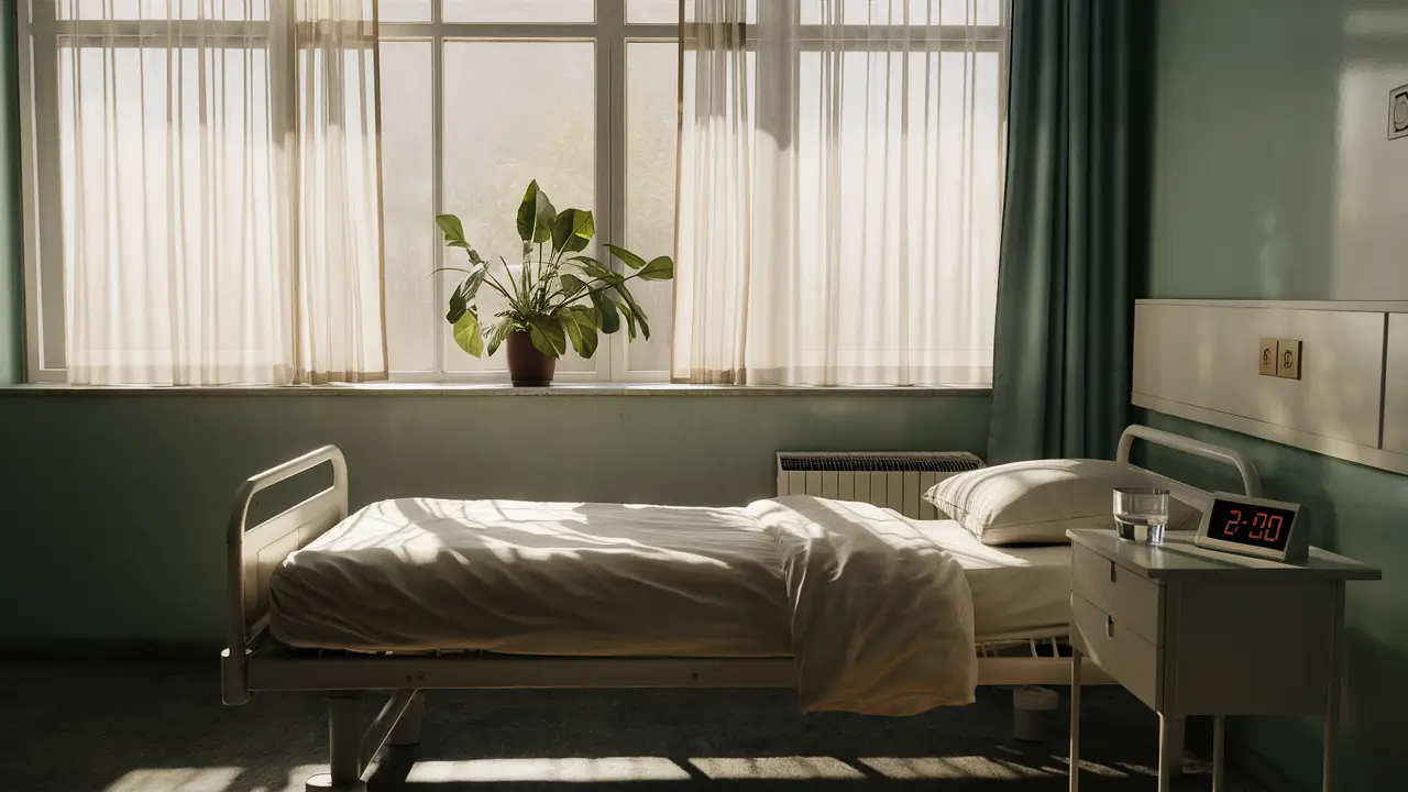 Quarto de hospital com cama branca, mesinha com copo de água e relógio digital, janela com cortinas brancas e planta no parapeito.