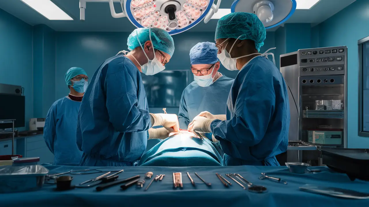 Médicos em sala de cirurgia moderna realizando procedimento em paciente deitado na mesa com instrumentos cirúrgicos ao redor.