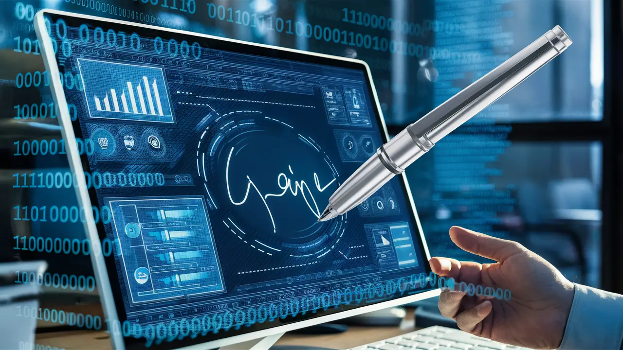 Tela de computador mostrando processo de assinatura digital com gráficos e ícones em azul e prata.
