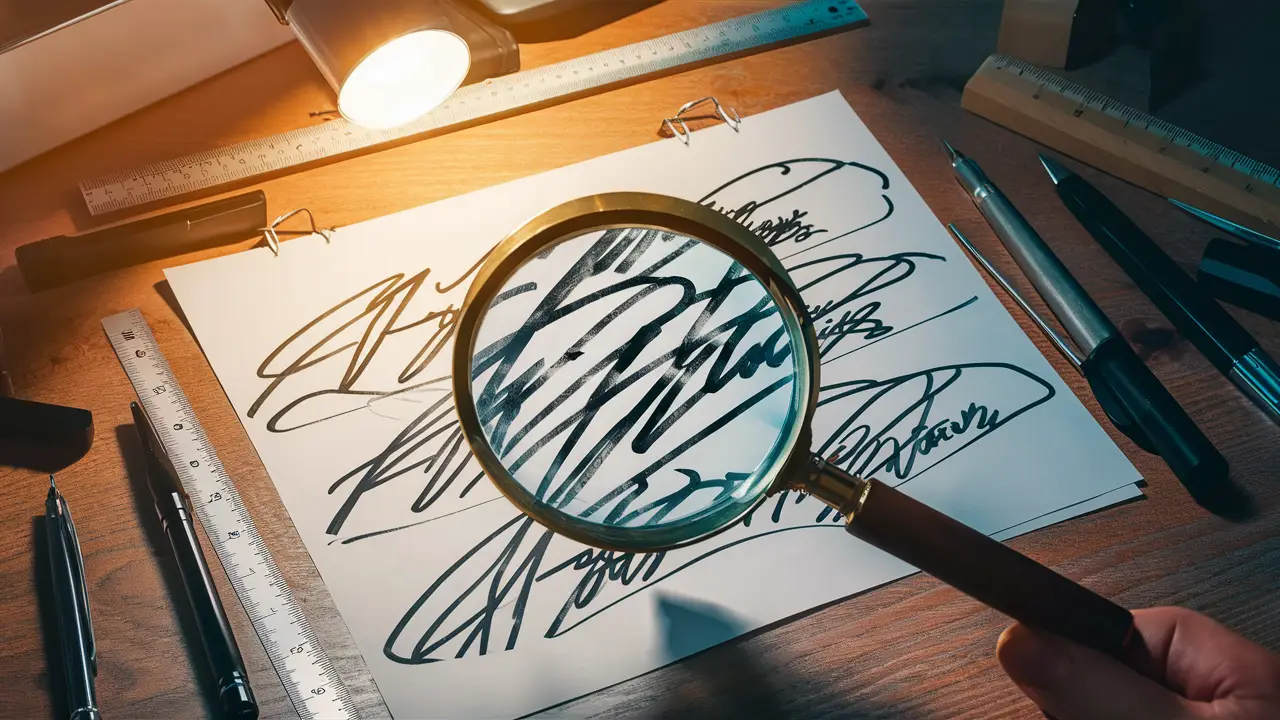 Mesa de madeira com lupa sobre amostras de assinaturas sobrepostas, cercada por instrumentos forenses.