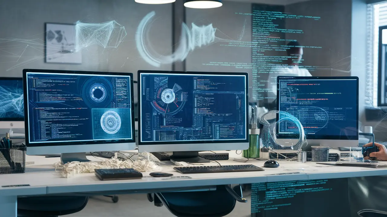 Laboratório de perícia digital com telas de computador mostrando códigos e diagramas digitais em ambiente de escritório moderno.