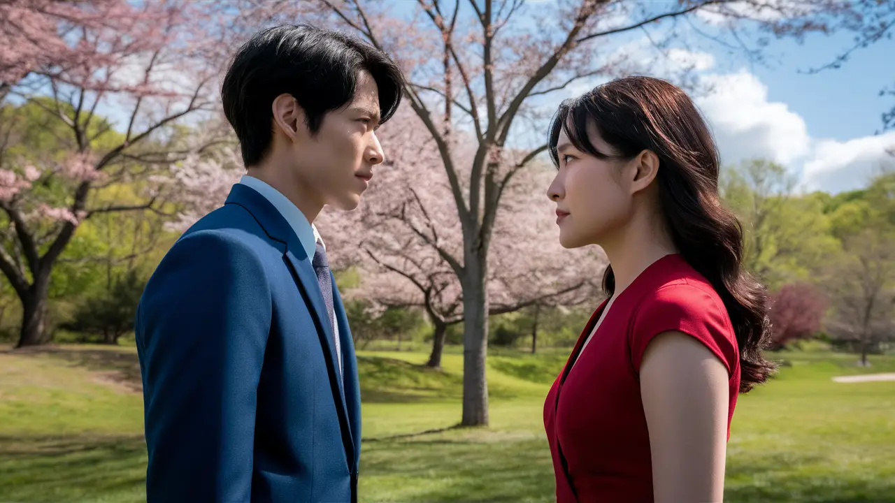 Jun y Hyun Joo frente a frente en un parque con cerezos en flor, él en traje azul y ella en vestido rojo.