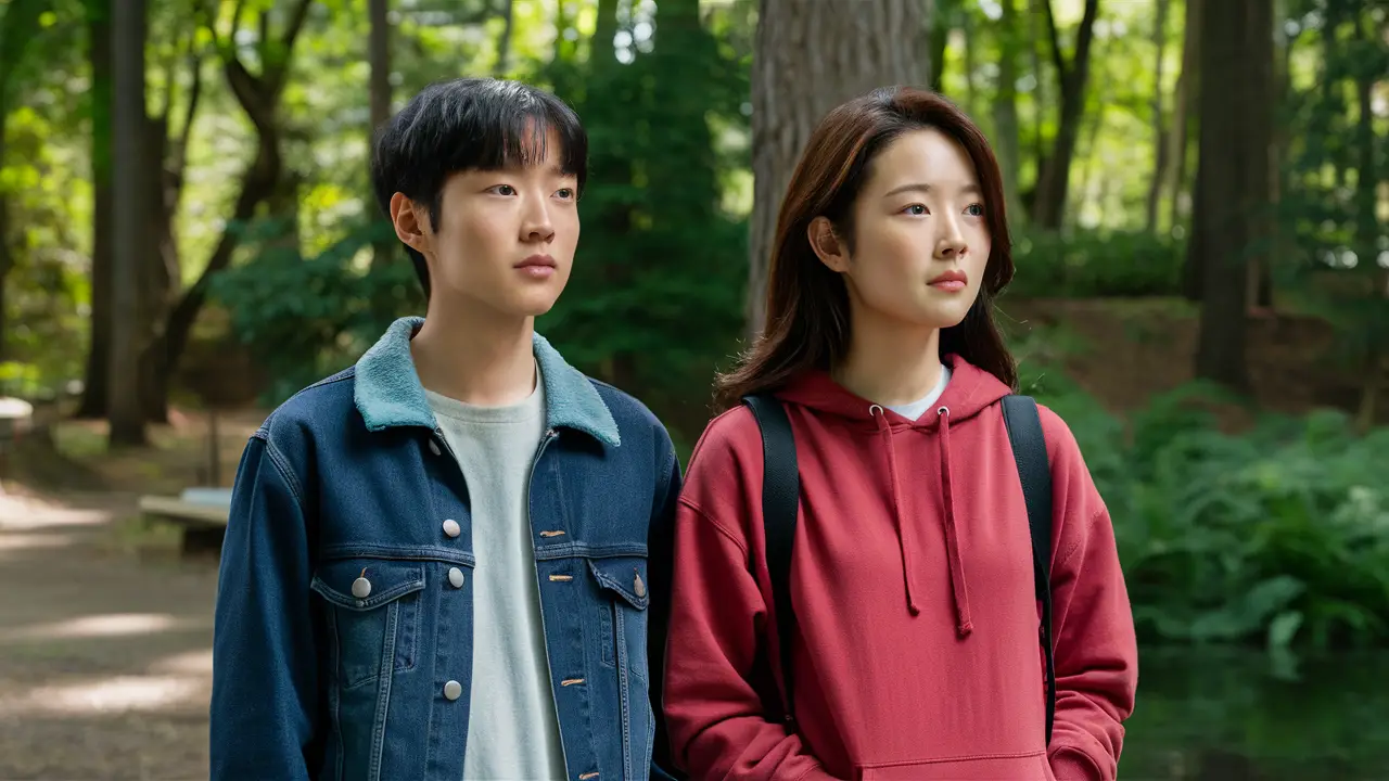 Jun y Hyun Joo en un parque, con Jun en chaqueta de mezclilla azul y Hyun Joo con sudadera roja.