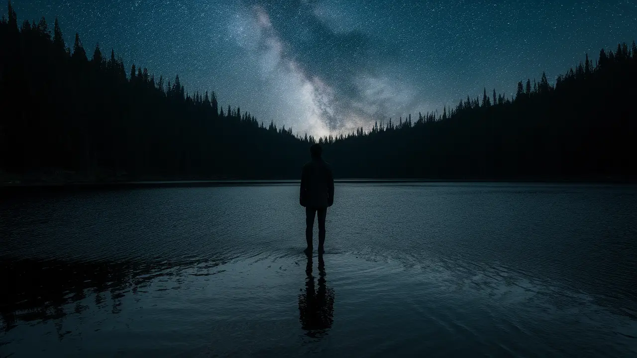 Figura solitaria al borde de un lago oscuro rodeado de pinos bajo un cielo estrellado.