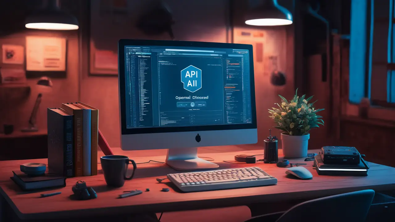 Futuristic workspace with computer screen showing OpenAI API, coding books, coffee mug, and potted plant on desk.