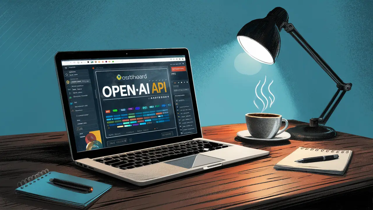 Laptop showing OpenAI API dashboard next to coffee cup and notepad on a wooden desk under a desk lamp.
