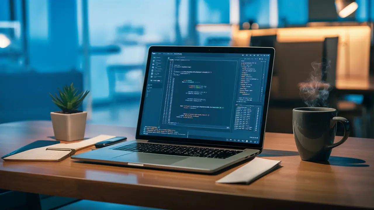 A laptop on a desk showing Java code for an API call, with a coffee mug and potted plant beside it.