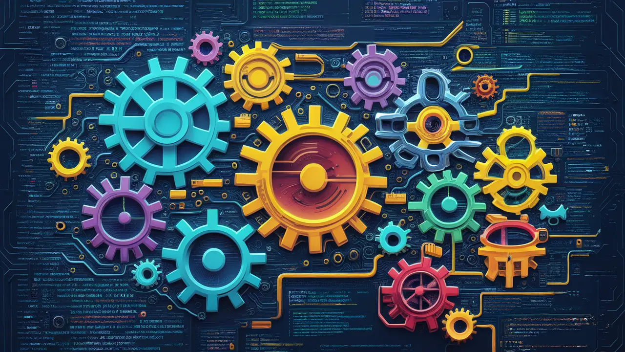 Interconnected gears and circuit maze with JSON code snippets on digital screen.