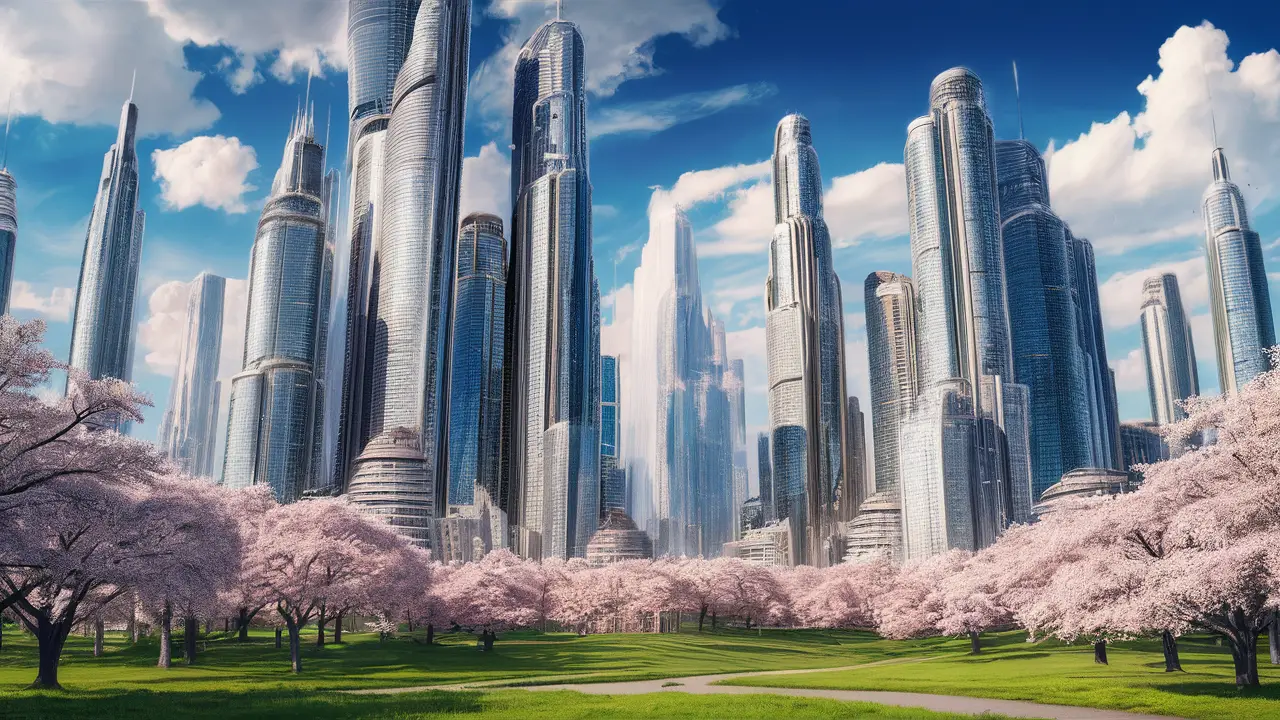 Futuristic city with skyscrapers and cherry blossom parks under a blue sky.